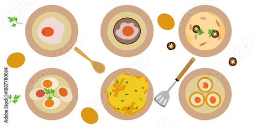  A nutritious breakfast menu featuring fresh eggs. Vector design elements on a white background.