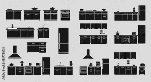 Collection of Modern Kitchen Cabinet Silhouettes and Appliances.