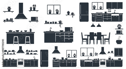 Collection of modern kitchen interior designs and appliances silhouettes.