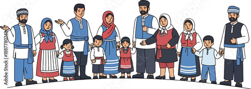 Multi-generational family wearing traditional Eastern European costumes pose together displaying cultural heritage and unity.