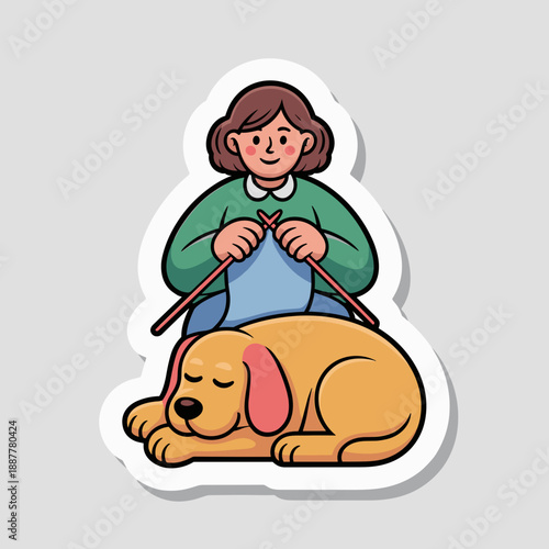 Girl knitting while sitting next to sleeping dog on gray background  