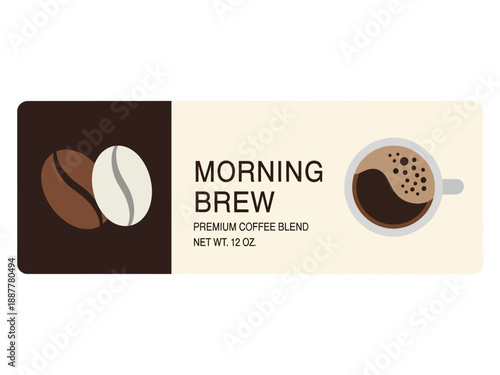 Coffee label design featuring coffee beans and morning brew coffee in a cup
