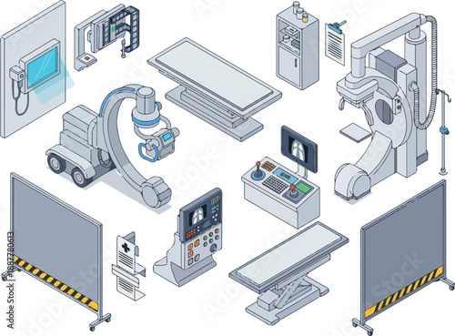 Isometric Medical Imaging Equipment X-Ray, Control Panel and Protective Barriers