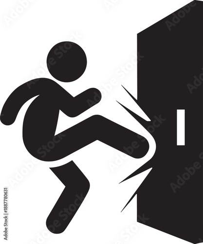 Black Forced Entry Stick Figure Icon Kicking Down Door for Emergency Exit Security Warning Symbol and Intruder Alert Safety Illustration Graphic Design