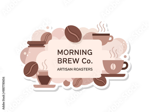 Collection of coffee elements surrounding a central label with steaming cups from Morning Brew company