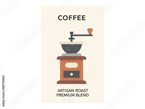 Illustration of coffee grinder on premium blend background from front view