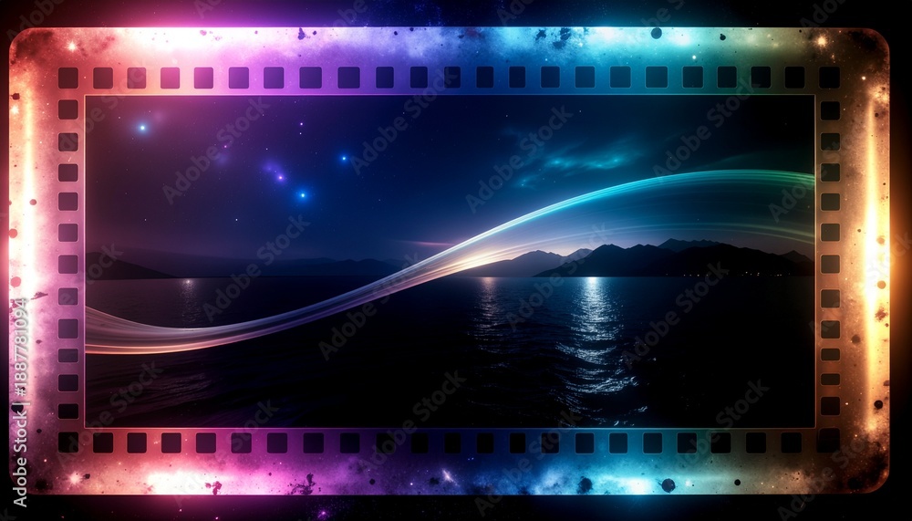 Obraz premium A vibrant, glowing film strip frame with a colorful gradient surrounding a dark, serene landscape with a reflective body of water and a luminous wavy light trail.