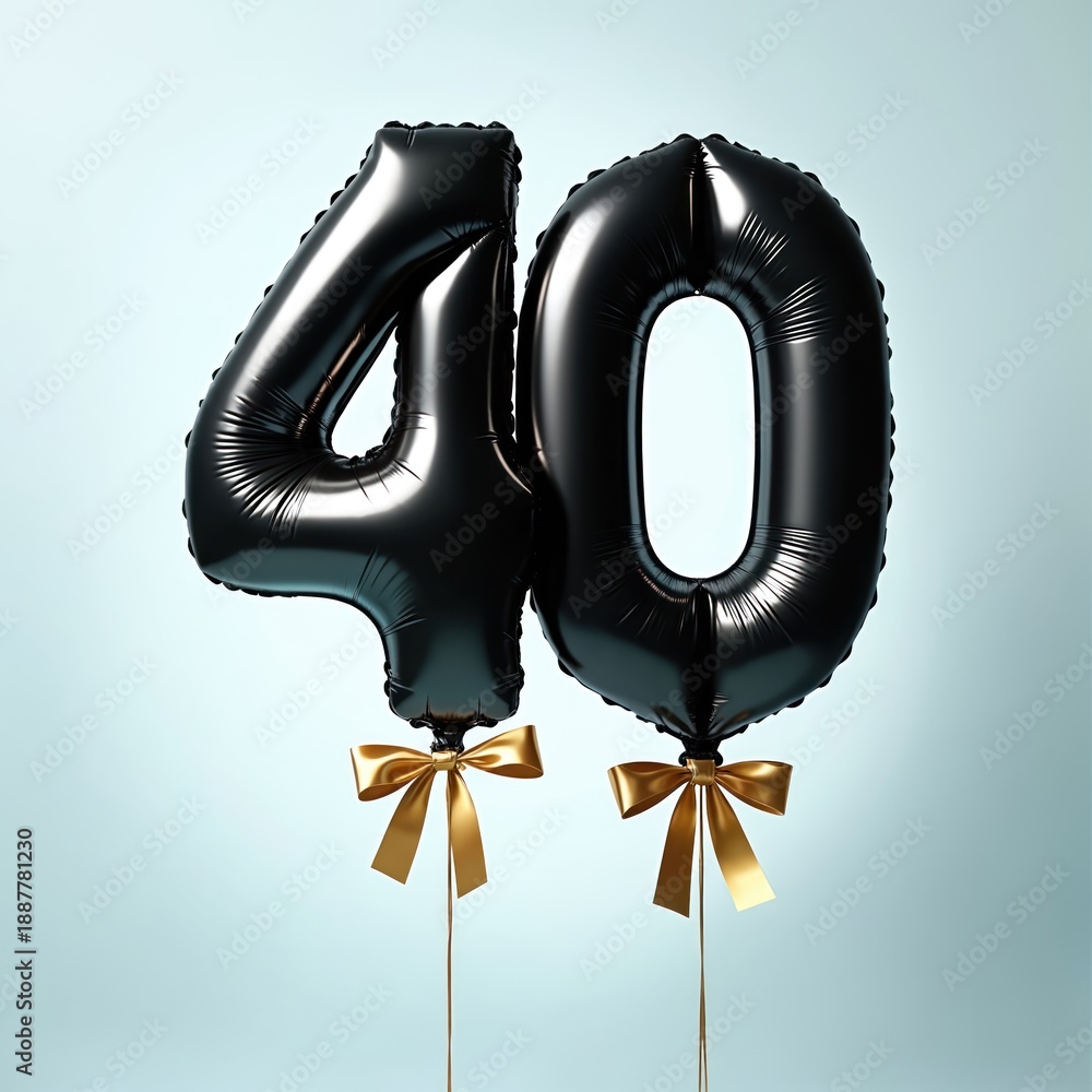 Obraz premium Black number 40 balloons with gold bows float against light blue background. Celebrate special age milestone event like birthday anniversary party.