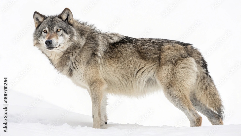 Obraz premium A portrait of a wild Siberian husky dog and gray timber wolf standing as majestic predators in the white winter snow with thick fur and a powerful canine face