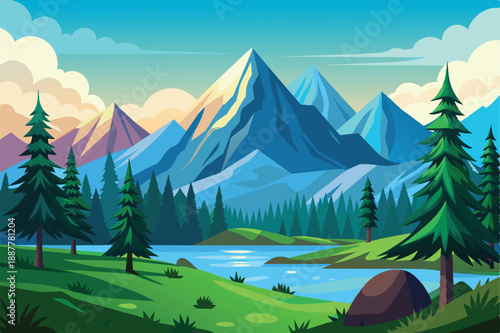 Bright Alpine Mountain Landscape with Pine Forest and Clear Lake