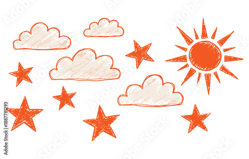 Crayon kid set. Funky childish color pencil naive doodle. Cute crayon doodle comic balloons for dialogue and conversation design.