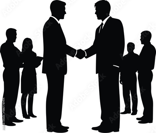 Business executives in silhouette shake hands across a group of diverse employees symbolizing a successful corporate agreement.