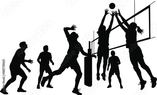 Silhouettes illustrate a decisive moment in a volleyball game where players are intensely competing at the net for a spike or block.