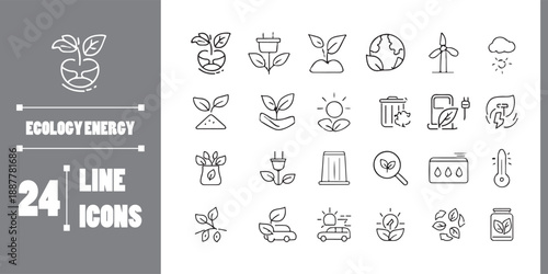 Ecology Energy Line Icons Set  Renewable Power, Nature, Sustainability.