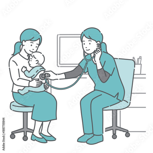 スクラブを着用した女性医療従事者（医師・看護師）による母親に抱かれた赤ちゃんの背中の聴診イラスト