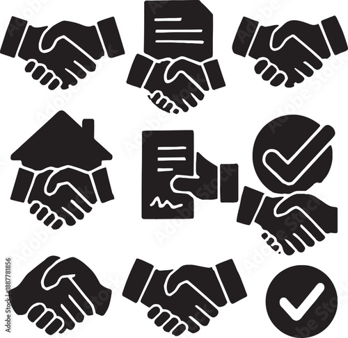 Black handshake icons with various business and agreement symbols