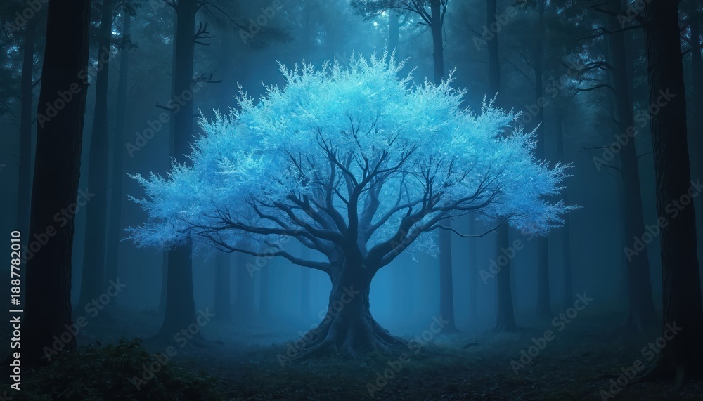 Fototapeta premium A bright blue crystalline tree stands in a dark, foggy forest. Its leaves shimmer like ice, casting an ethereal glow on the surrounding ancient trees and mystical woods.