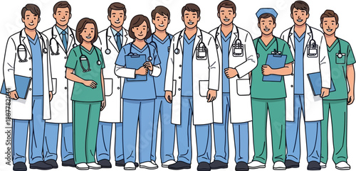 A diverse group of medical professionals including doctors and nurses stand together ready to provide healthcare services.