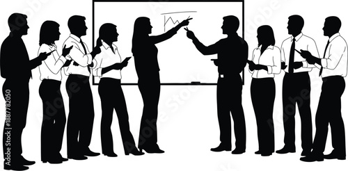Silhouettes of a diverse business team engaging in a presentation around a whiteboard underscore corporate collaboration and strategy.
