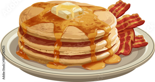 A vector graphic illustration of a delicious stack of pancakes with syrup and bacon