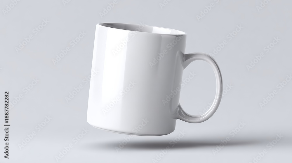 Obraz premium A white coffee cup is shown in a white background. The cup is upside down and he is floating in midair