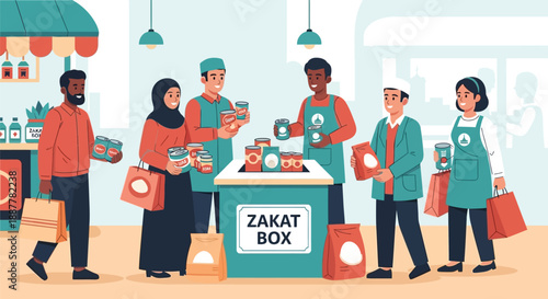 Diverse group of people participating in a Zakat charity event, donating and receiving essential food items from volunteers.