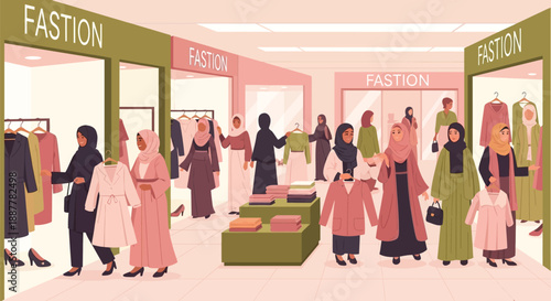 Diverse group of Muslim women wearing hijabs shop for modest fashion clothing inside a brightly lit modern retail store.