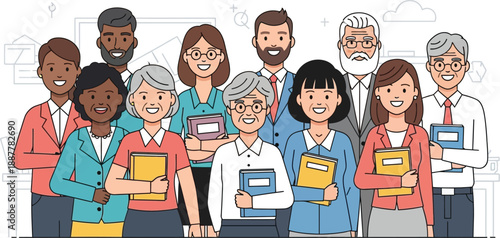 Diverse group of smiling professionals spanning multiple generations stands together holding notebooks in a friendly, collaborative work environment.