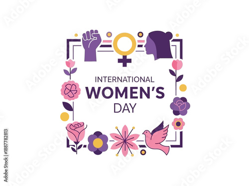 International Women's Day Celebration with Floral Illustrations and Symbols of Empowerment