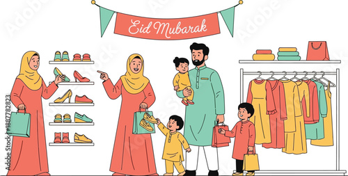 Muslim family wearing traditional attire shops for new clothes and shoes together in a brightly lit retail store celebrating Eid Mubarak.