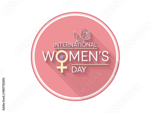 International Women's Day celebration graphic with symbol and text in a circular design viewed from directly above