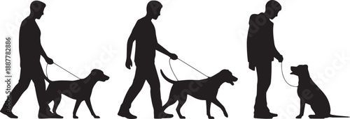 3 Human Silhouettes Walking Dog – Flat Minimal Vector Illustration of Pet & Daily Life.