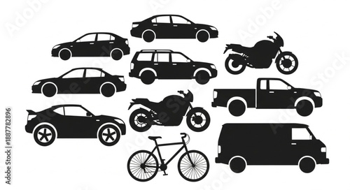 Collection of Silhouetted Vehicles Including Cars Motorcycles and Bicycle.