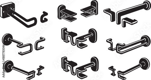 Various types of door handles and hooks illustrated