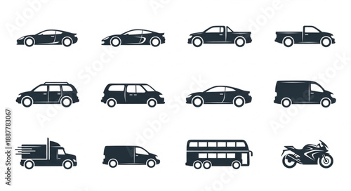 Collection of Silhouetted Vehicles on White Background.