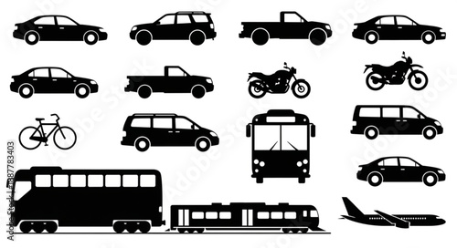 Collection of Silhouetted Vehicles and Transportation Icons.