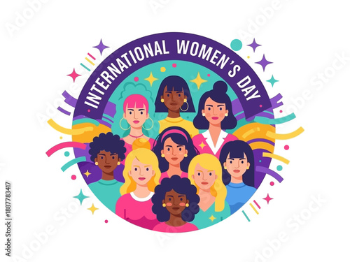 Diverse group of women celebrating International Women's Day with vibrant illustrations