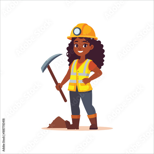 Confident female miner wearing safety gear holding pickaxe outdoors
