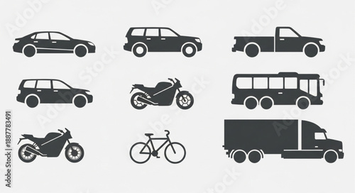 Collection of Silhouetted Vehicles and Transportation Icons.