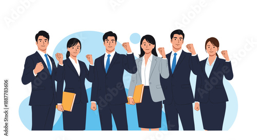 Large group of diverse business professionals in formal suits cheering together with raised fists to celebrate a big achievement.