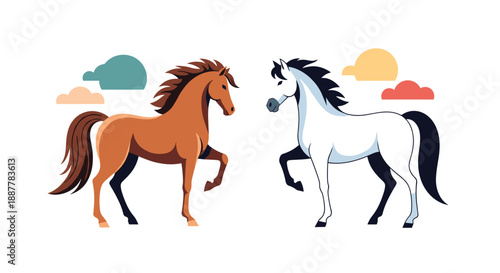 Illustration of two majestic horses, one brown and one white, standing and facing each other against a stylized sky background.