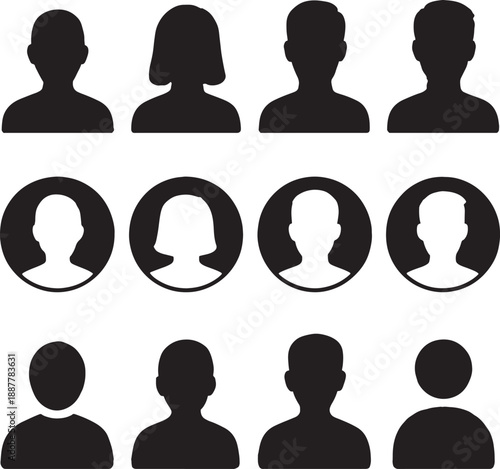 Set of black silhouette people icons in different shapes and sizes