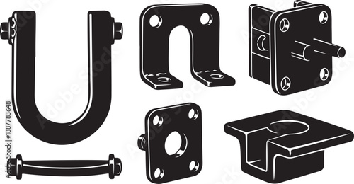 Industrial metal hardware components and tools illustration set