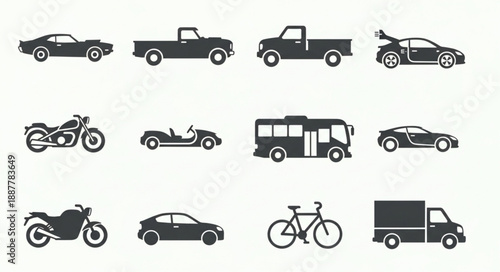 Collection of Silhouetted Vehicles and Transportation Icons.