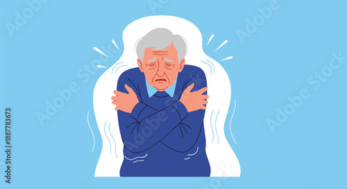 Elderly man with grey hair shivering and hugging his own body to stay warm against a plain cold blue background.