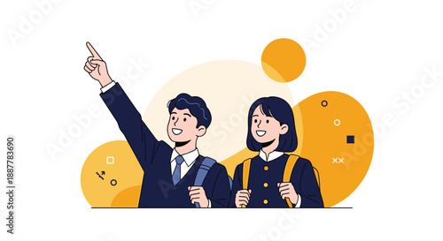 Two happy high school students wearing school uniforms and looking up while the boy points towards something in the distance.