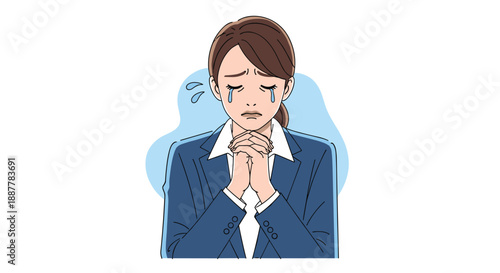 Hopeful young businesswoman in a blue suit with tears in her eyes holding her hands together in a prayer gesture.