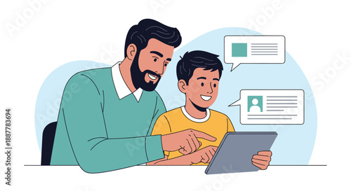 Caring father sitting with his young son and teaching him how to use a digital tablet computer for online learning.