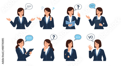 Professional businesswoman showing various facial expressions and gestures for office communication and work presentation concepts.