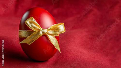 Creative red egg adorned with a shimmering golden ribbon showcases festive elegance against a rich crimson backdrop during a joyful celebration